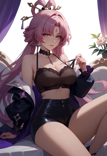 star rail,fu xuan,leather,shorts,crop top  - AI generated anime art